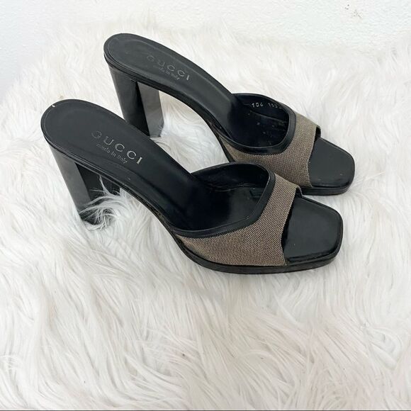 GUCCI leather trim taupe canvas open chunky heel mule 7.5 EUR 38 - Picture 1 of 13